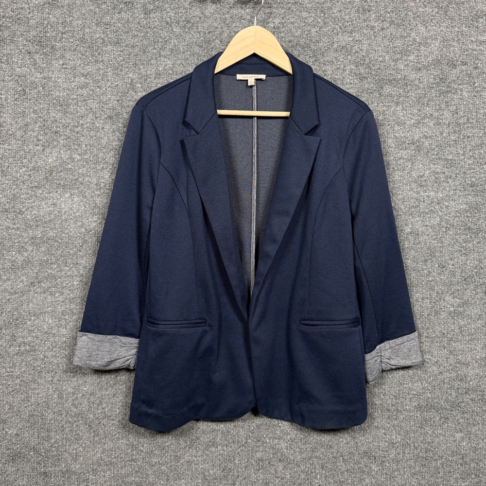 Skies Are Blue Womens Size XL Blazer Jacket Navy Single Breasted Roll Tab Sleeve